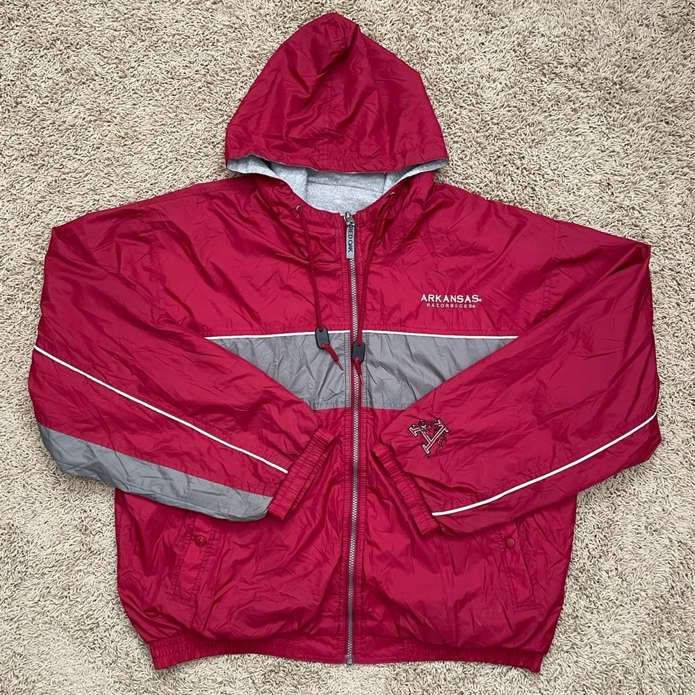 Vintage 90s Arkansas Razorback Red Oak Full Zip Hooded Double Sided Jacket Sz XL
